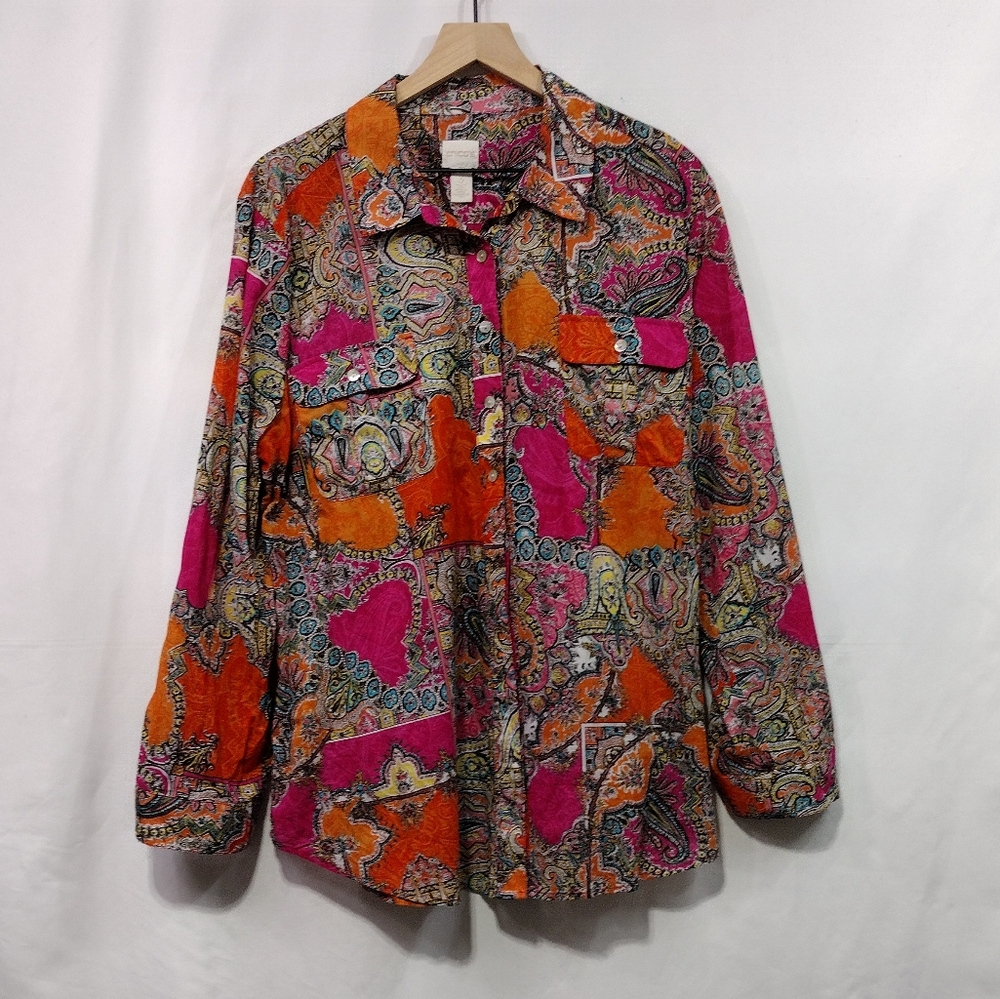 Chico's Paisley Artsy Button Shirt Womens XL Multicolor Retro 90s Festival